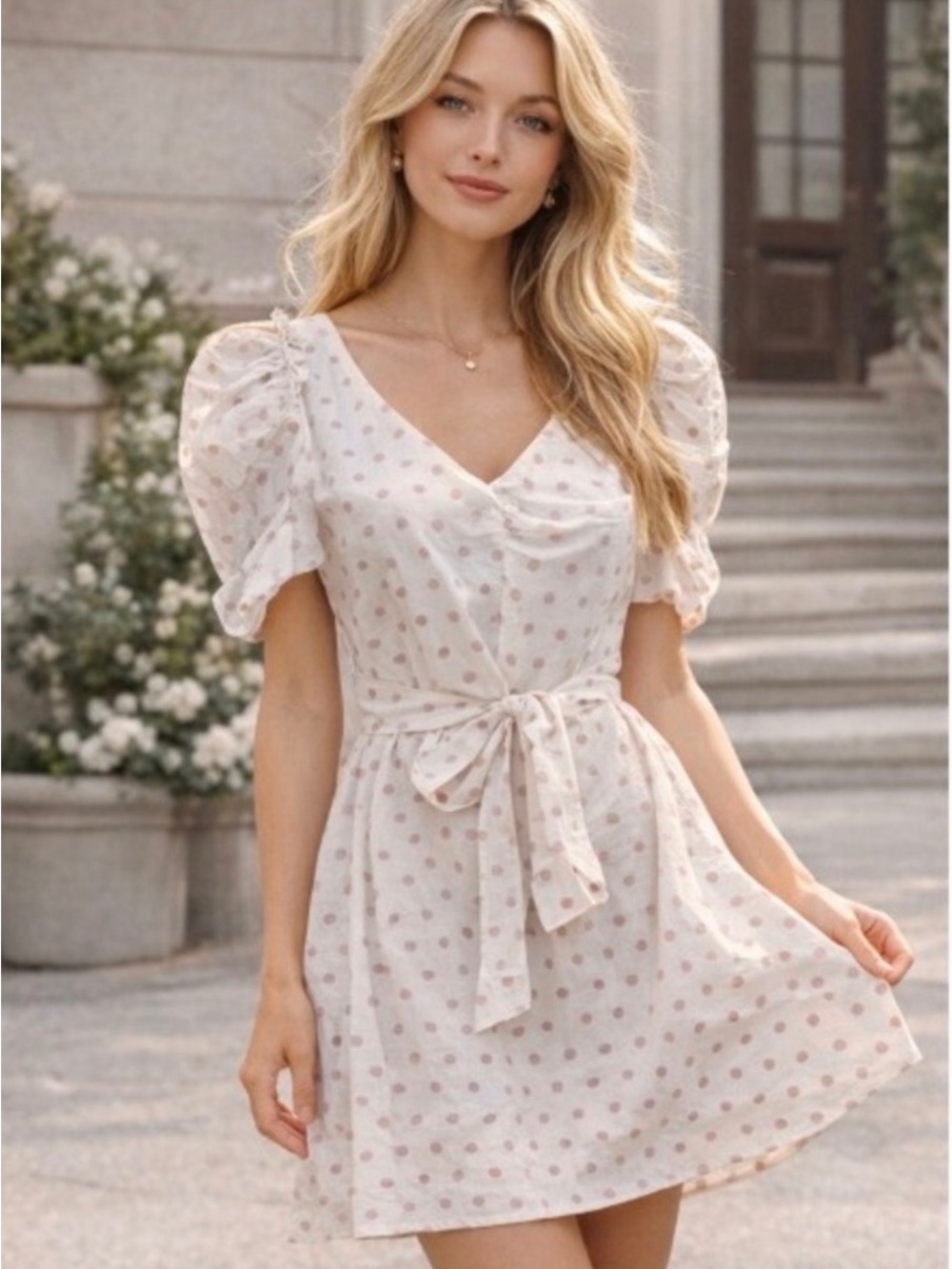 kate spade White Mini Dress with Pink Polka Dots and Waist Tie